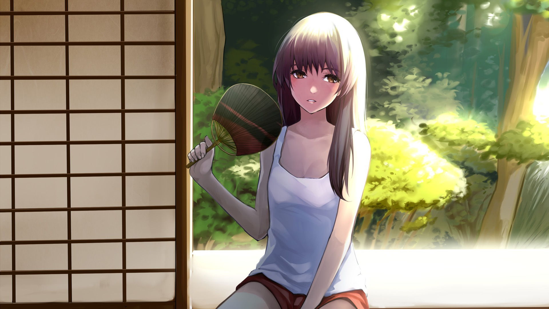 夏天，女孩，扇子，坐，房子，树木，日本动漫女生桌面壁纸
