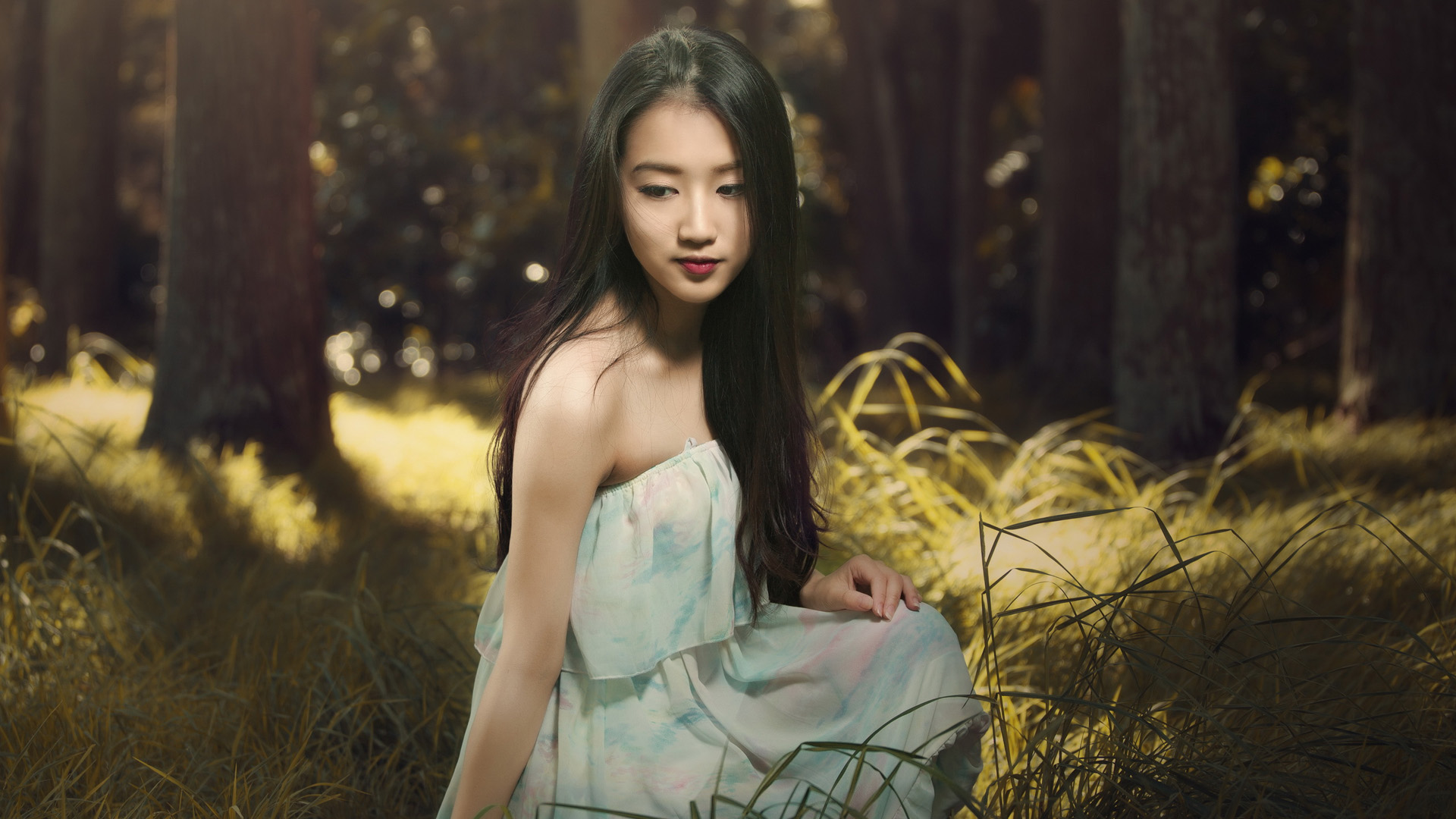 森林草地美景与长发美女，免费电脑壁纸精选下载