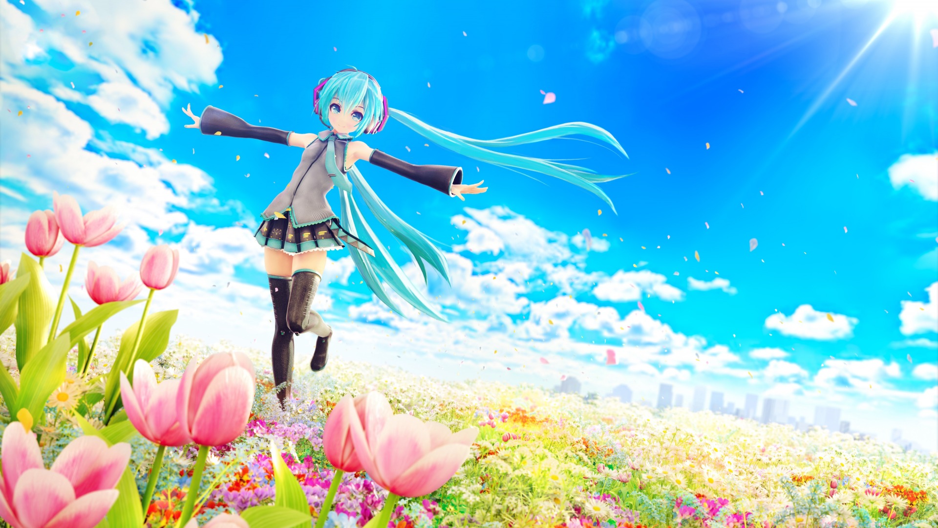 初音未来VOCALOID花海天空美景，动漫女孩图片与免费壁纸下载