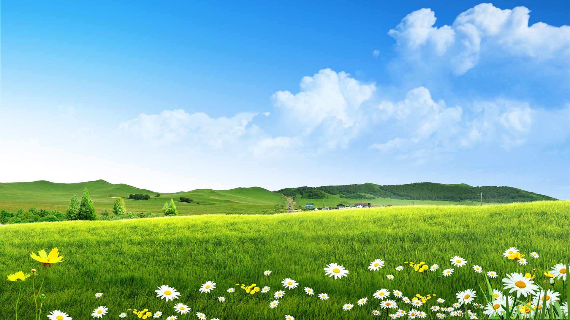 蓝天白云绿草地小清新风景2k壁纸