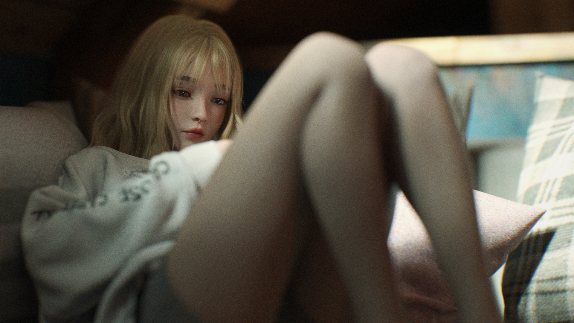 3D金发少女 休闲装 美腿 动漫女学生壁纸