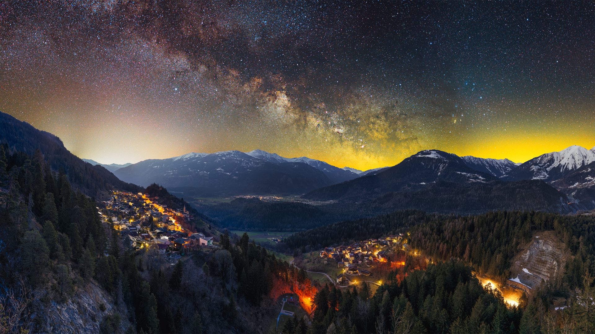 夜晚 山脉 雪山峰 银河 灯光 村庄 阿尔卑斯山脉风景桌面壁纸