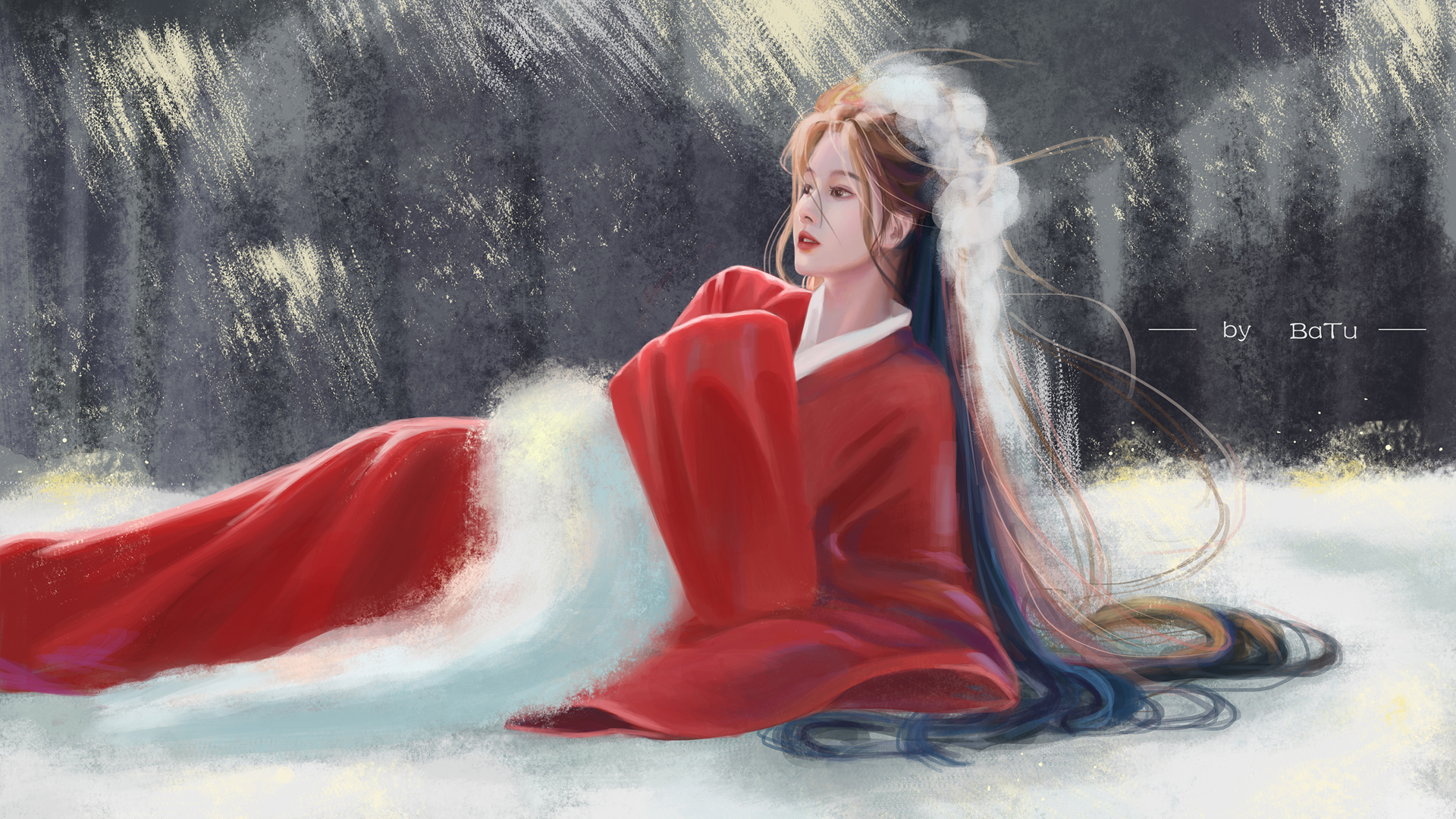森林雪地中的红色古装女子，绝美高清动漫壁纸，免费电脑桌面下载