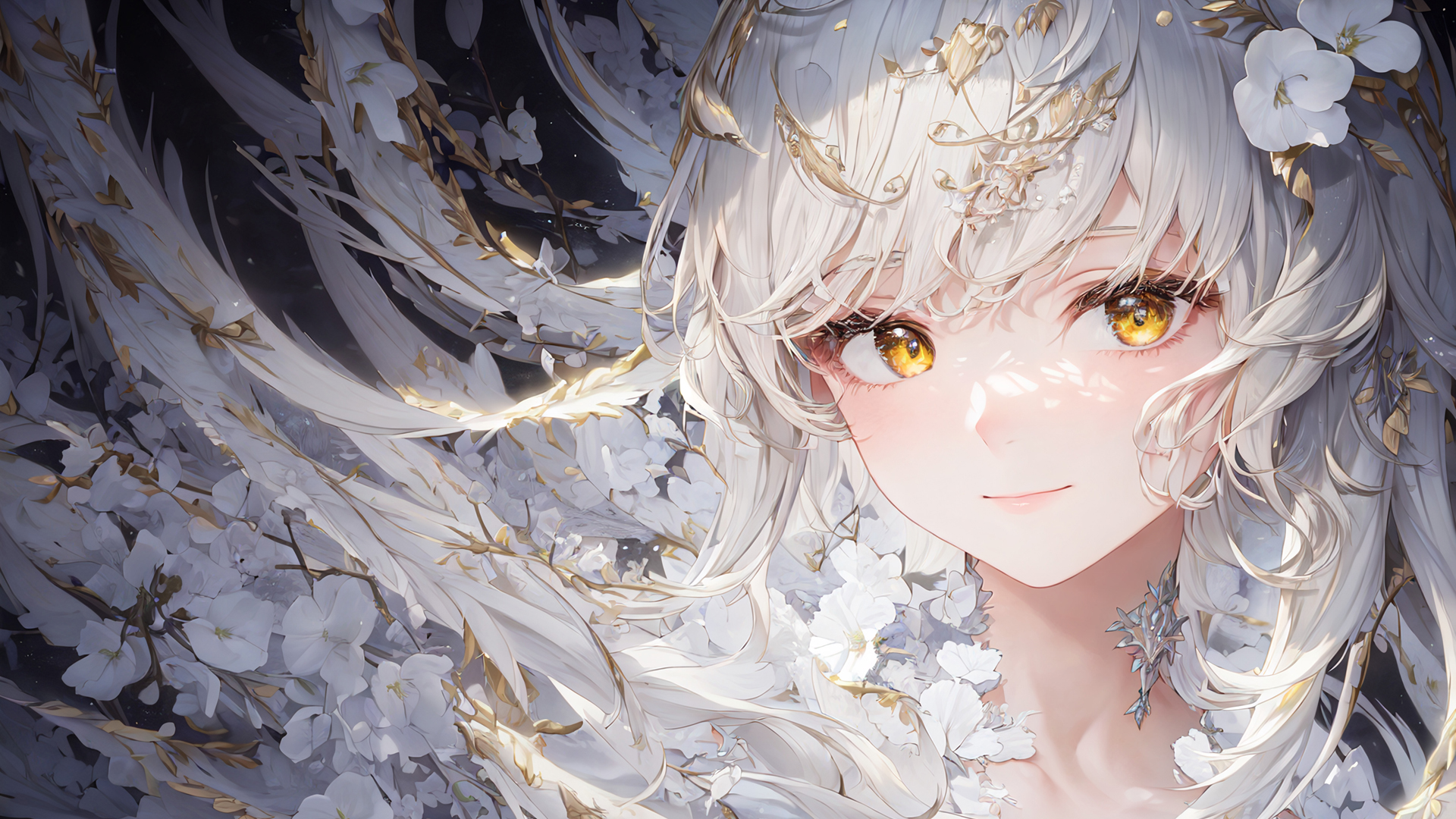 动漫女孩 黄眼睛 花朵 白色服装 唯美 壁纸
