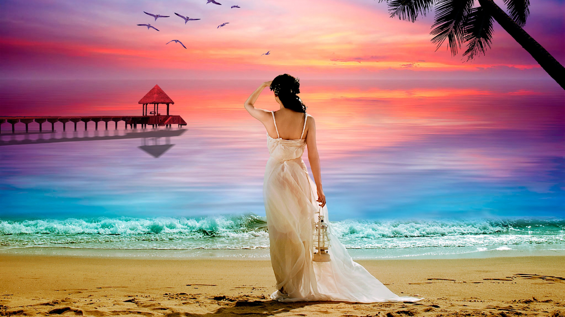 浪漫海滩瞬间，美女与大海壁纸，免费高清下载，尽享美景风情！