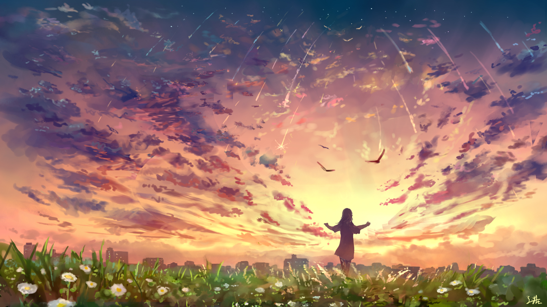少女演奏家风采，绝美天空云彩动漫壁纸，免费下载装点你的电脑桌面