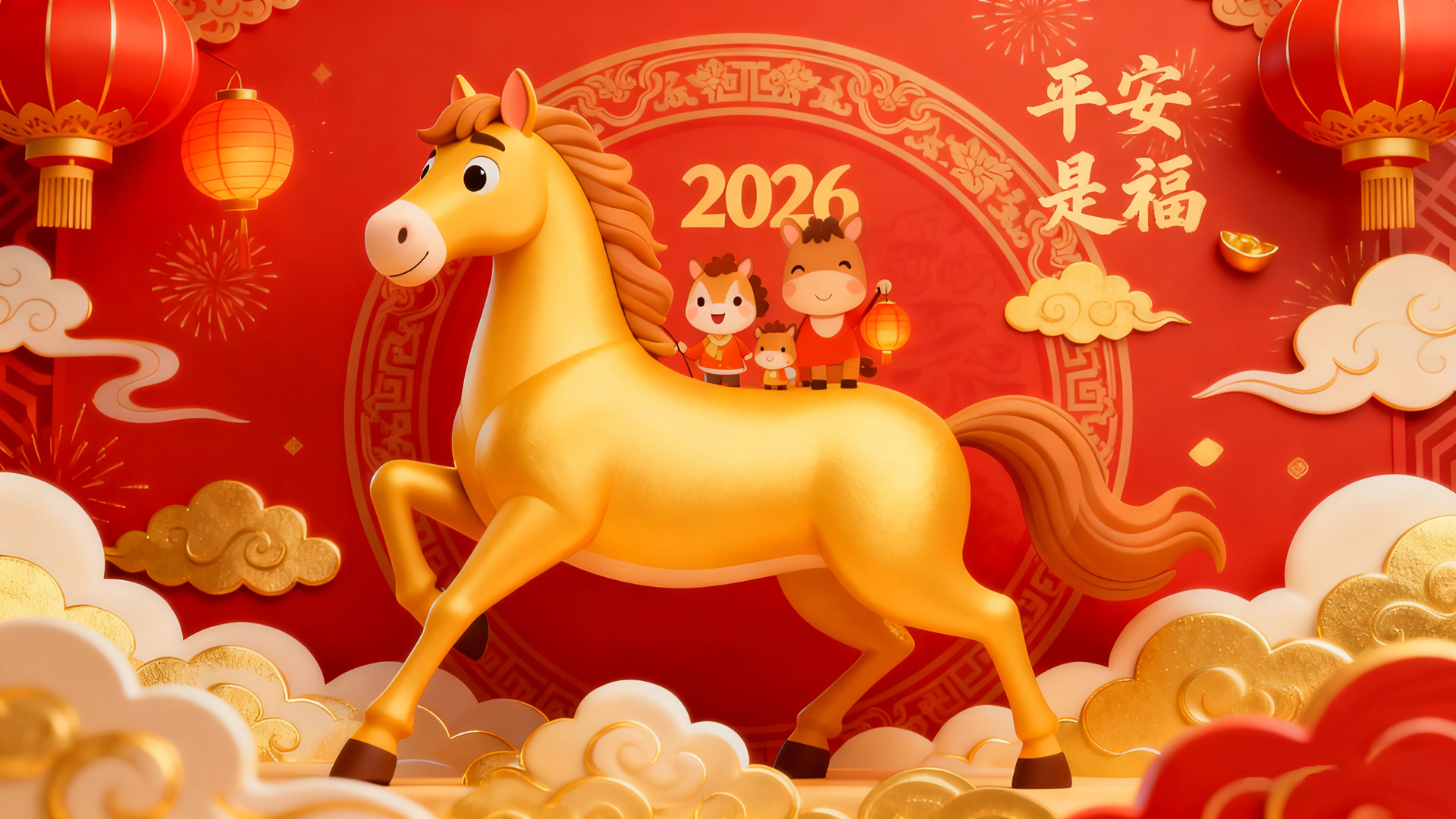 2026新年特辑，金色骏马送福，喜庆红色平安主题电脑桌面壁纸免费下载