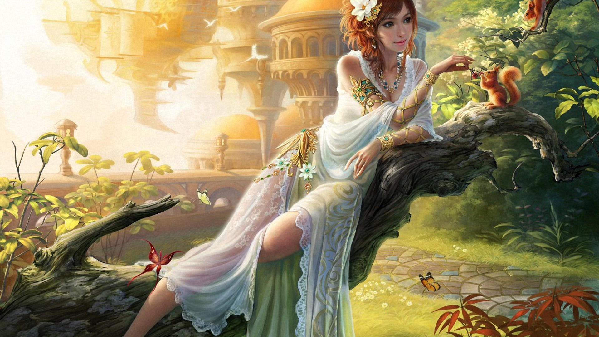 唯美幻想，女孩、美女、树与小松鼠共舞的蝴蝶壁纸，免费下载唯美电脑壁纸