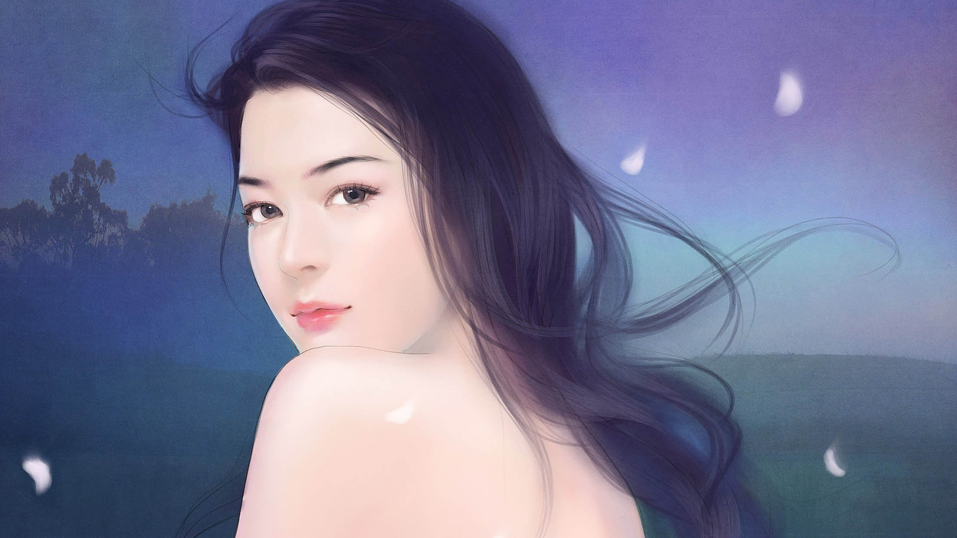 古装美女，脸，笑容，背，绘画，古风美女壁纸