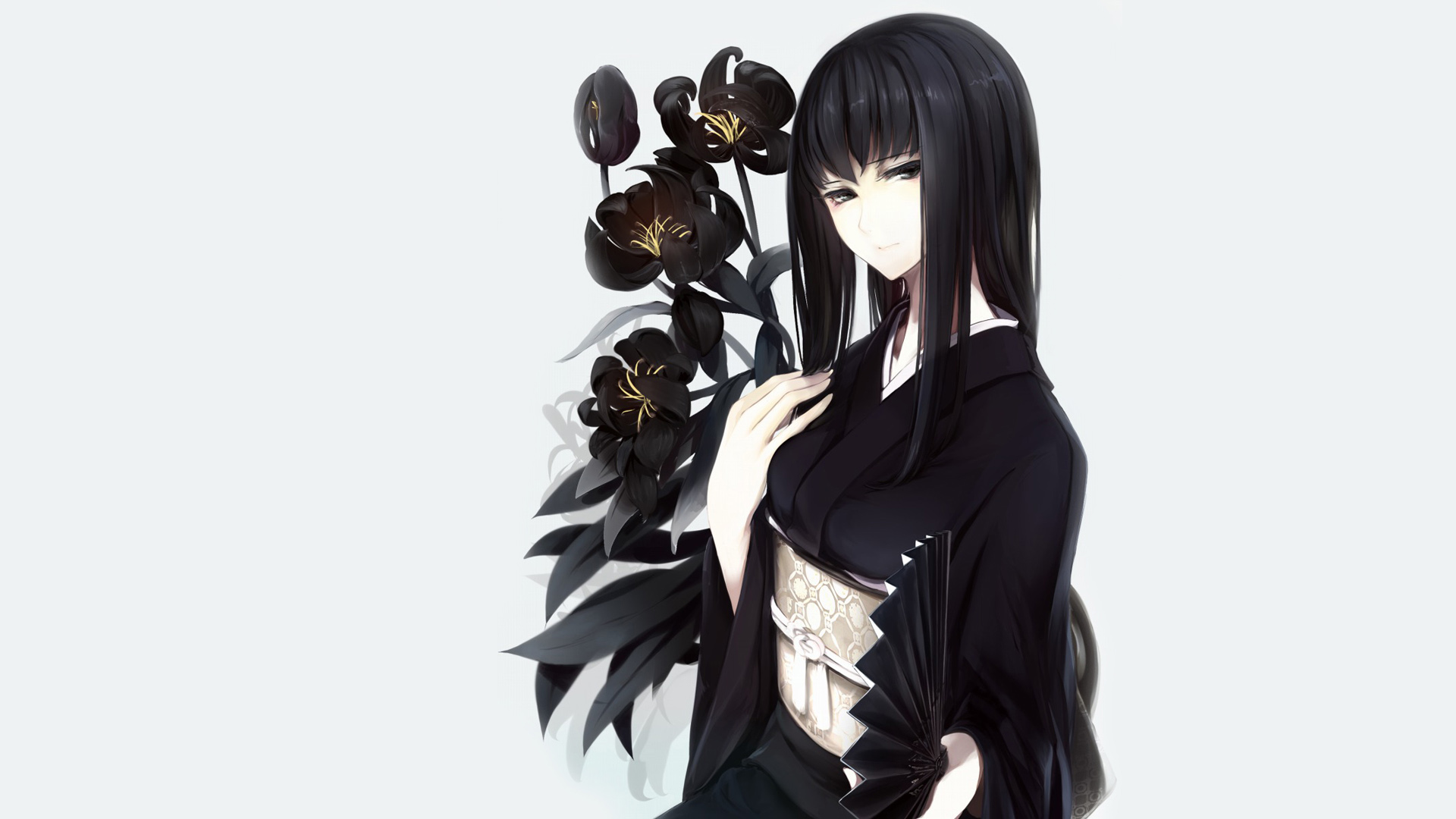 女神动漫美女，黑色和服女孩风扇壁纸，免费下载高清电脑壁纸