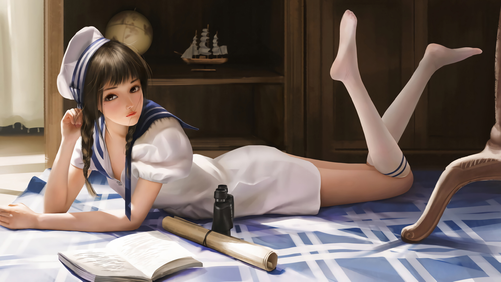动漫美女美腿白色裤袜，海军服连衣裙子壁纸，免费电脑壁纸下载