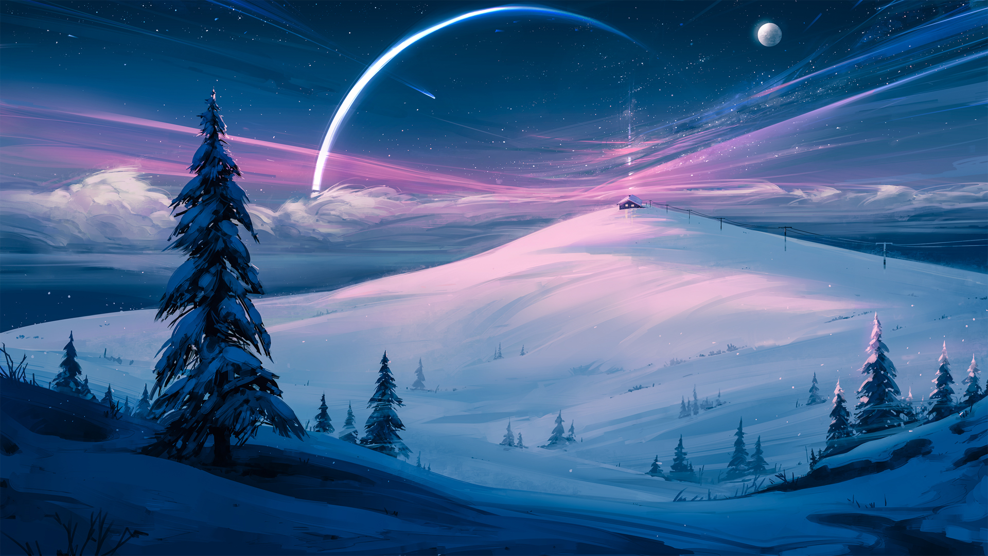 冬日雪景，雪山云雾树影，星空月夜，绝美风景壁纸免费下载