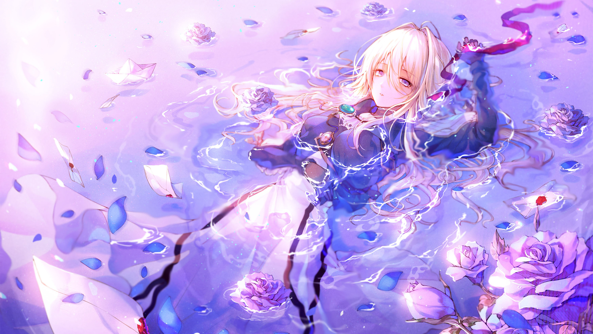 紫罗兰永恒花园，水中花瓣美景，薇尔莉特伊芙加登壁纸免费下载