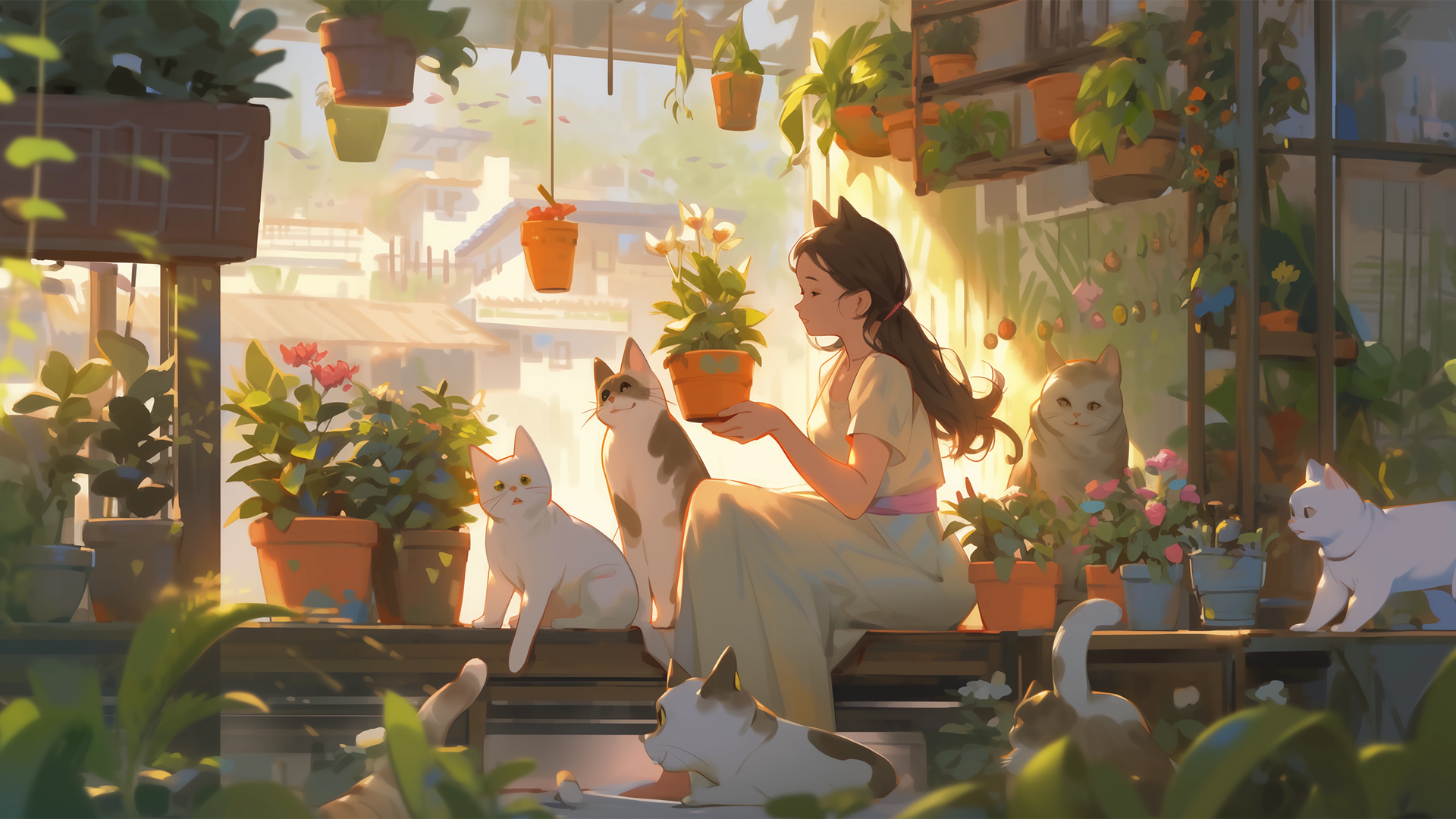 女孩 猫咪 盆栽 可爱动漫壁纸