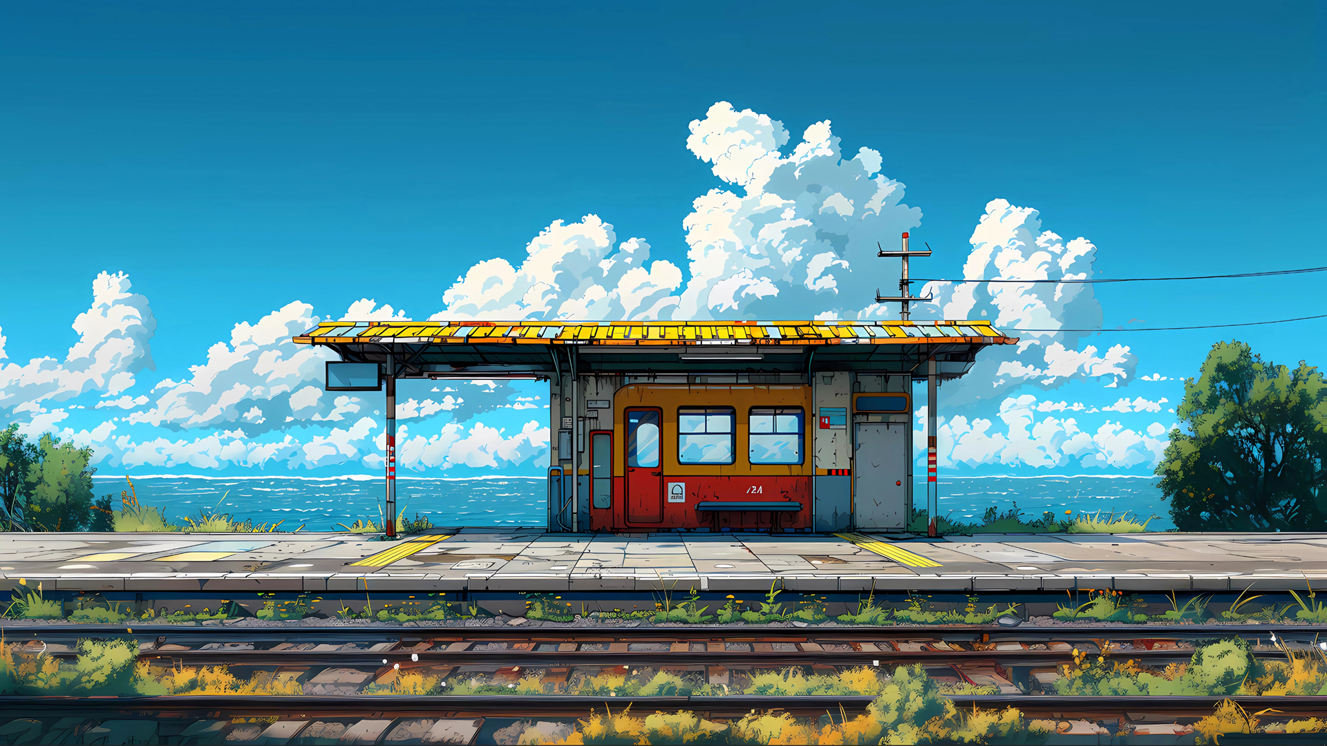 海边小站风景绘画电脑壁纸免费下载