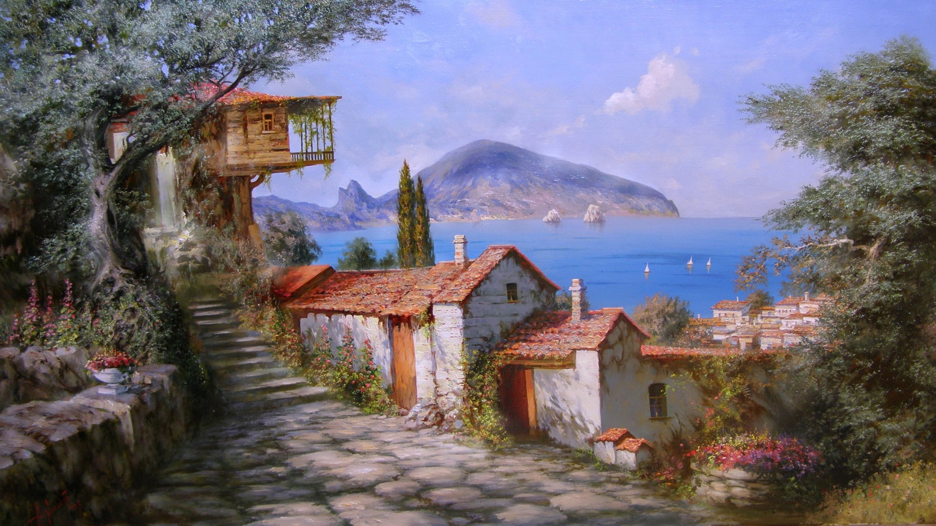 海边小镇风情，亚历山大·米留可夫地中海油画，绝美风景画桌面壁纸免费下载