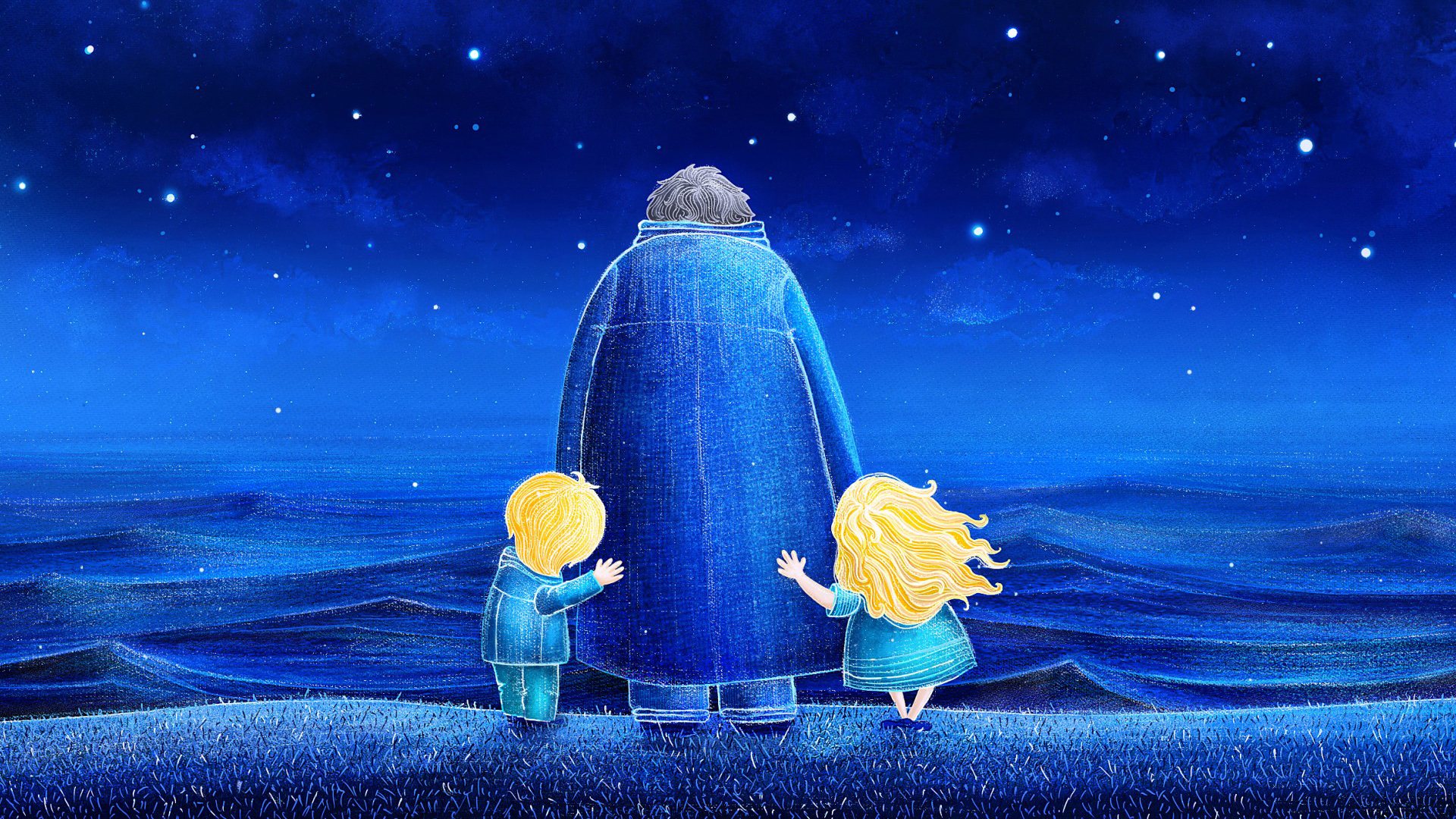 海洋之夜，孩子手绘波浪插图，唯美蓝色星空桌面壁纸免费下载