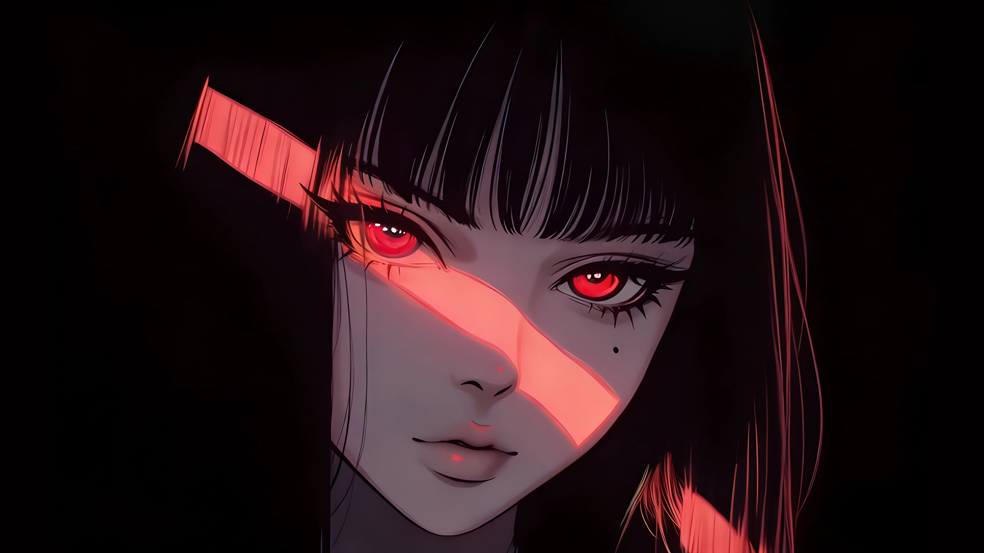红色眼睛女孩光影黑色背景动漫壁纸免费下载