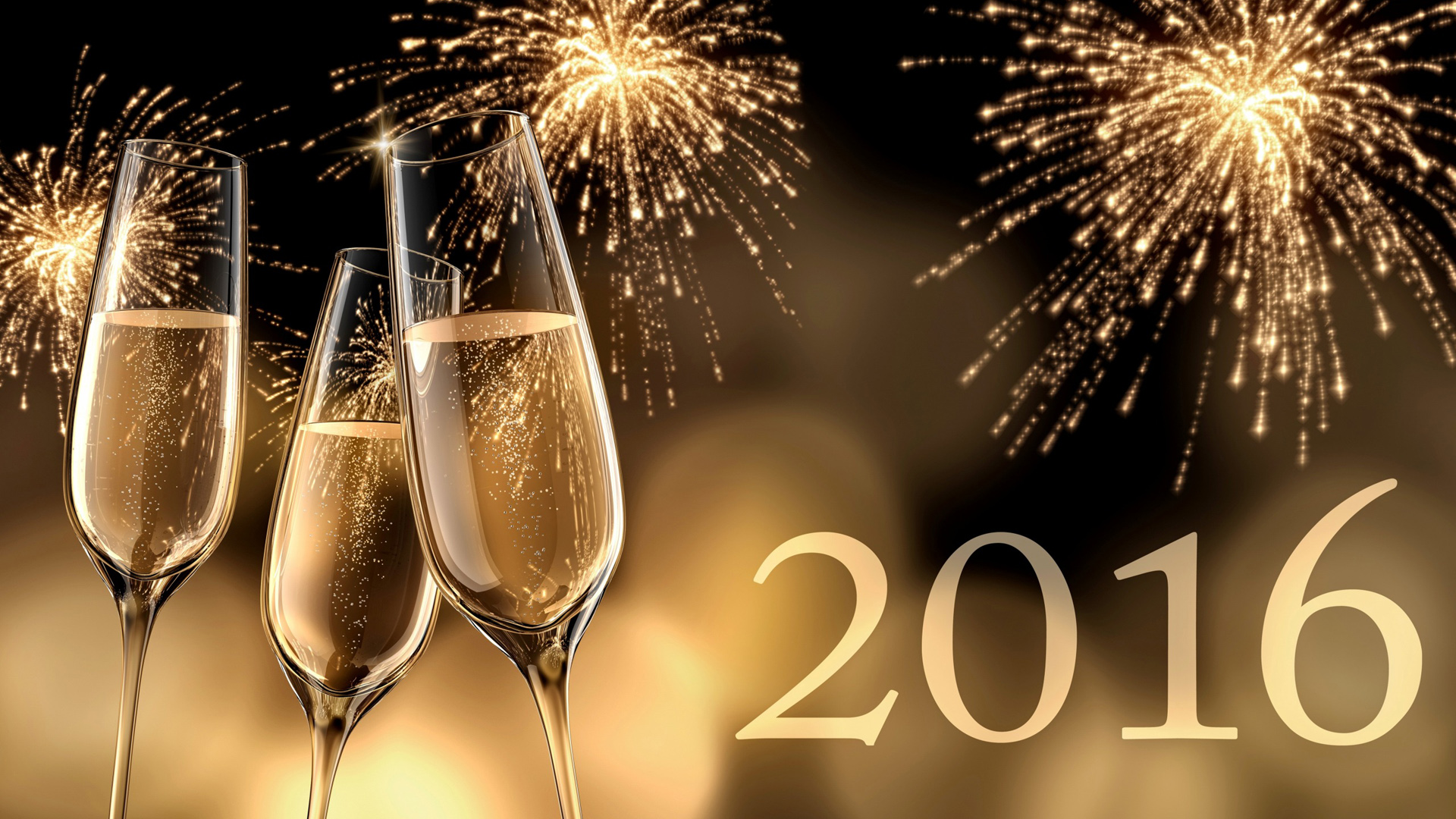 2016年，快乐新的一年，黄金，香槟，烟花，2016年新年快乐壁纸