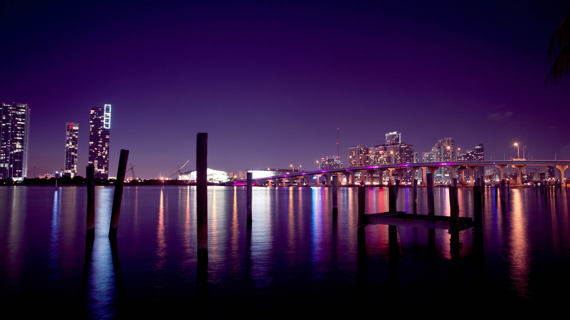 迈阿密,夜晚城市,桥,天空,迈阿密风景桌面壁纸