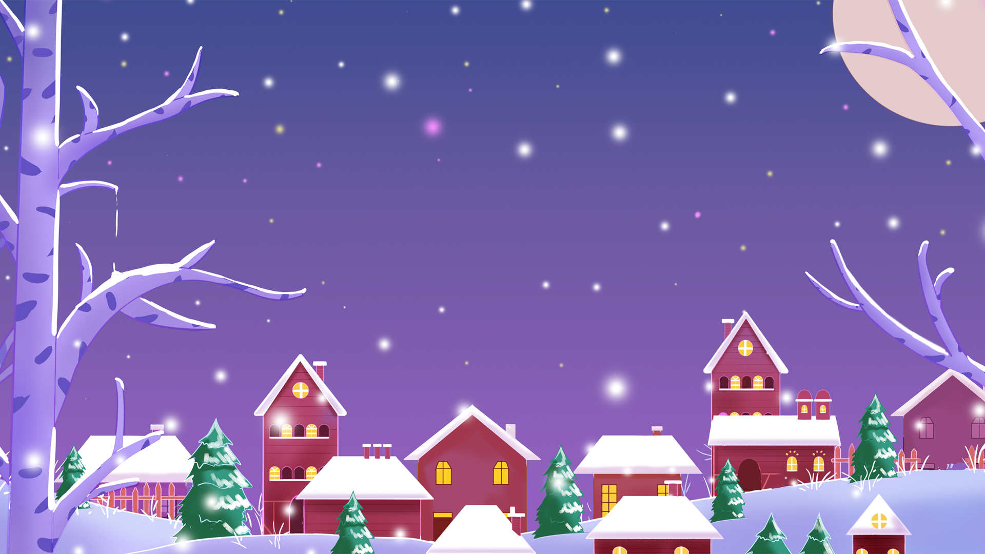 圣诞夜景，房子与雪花映衬下的圣诞树，高清壁纸免费下载，点亮节日氛围！