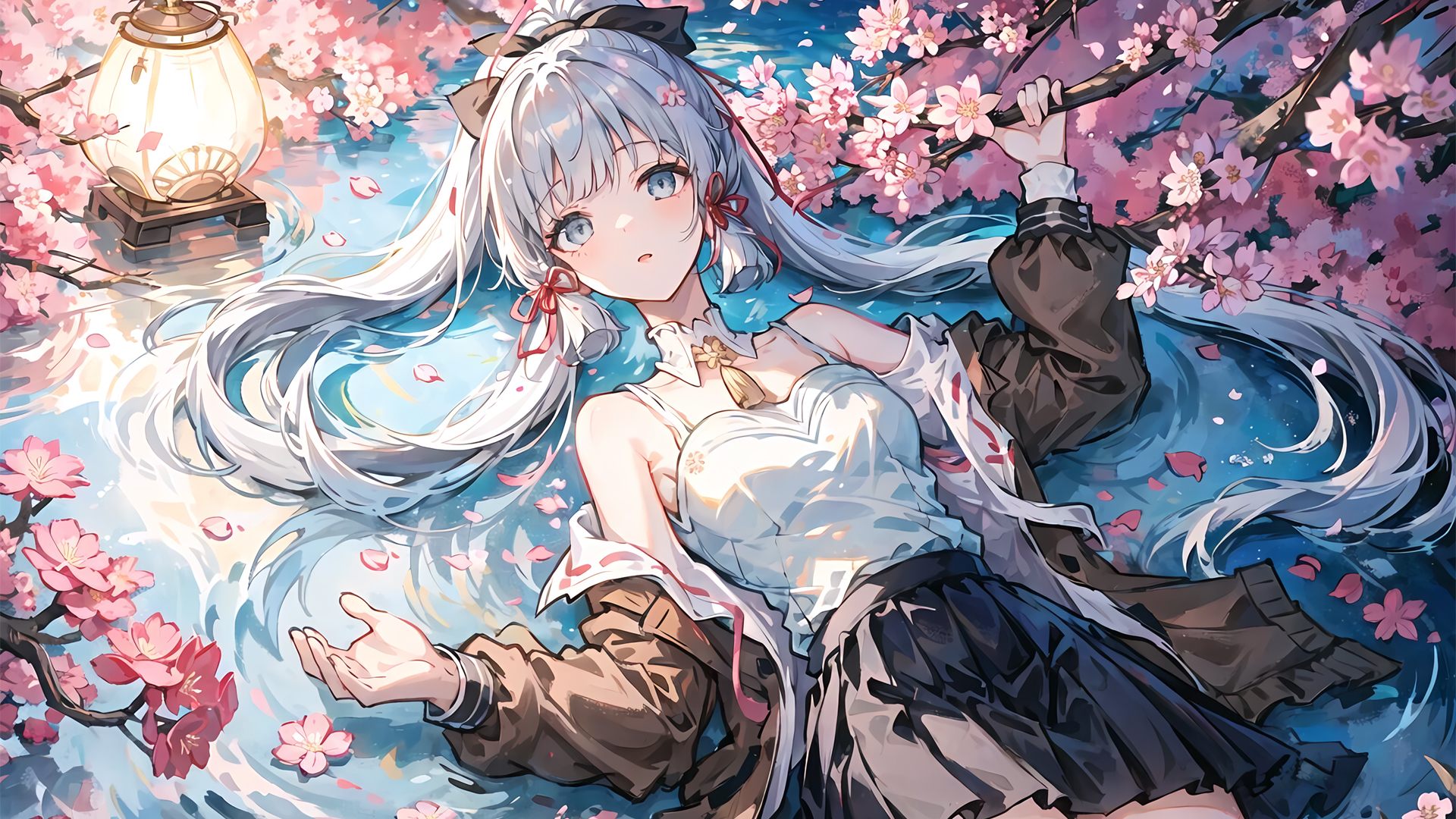 神里绫华百褶裙水花美景，AI绘画原神高清壁纸，免费动漫电脑壁纸下载