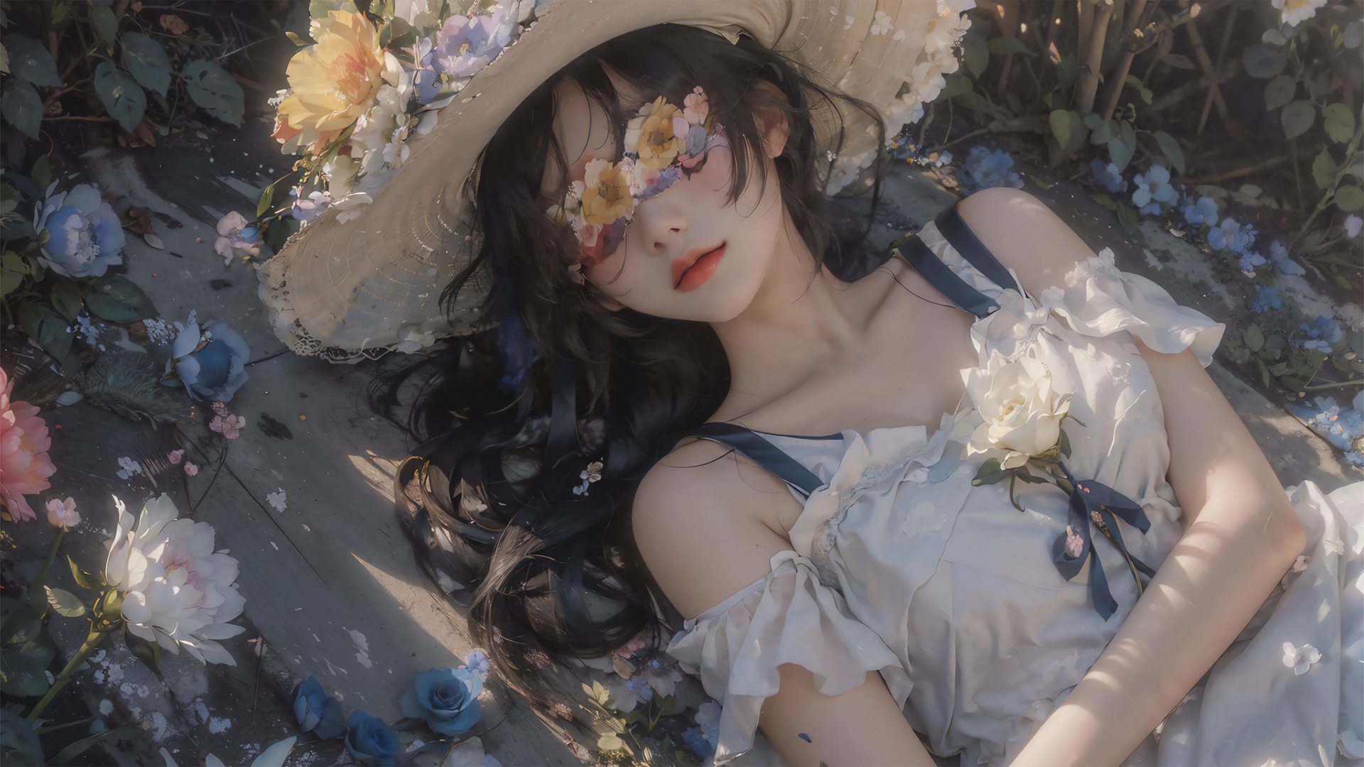 动漫美女 白色裙子 鲜花 帽子 唯美好看壁纸