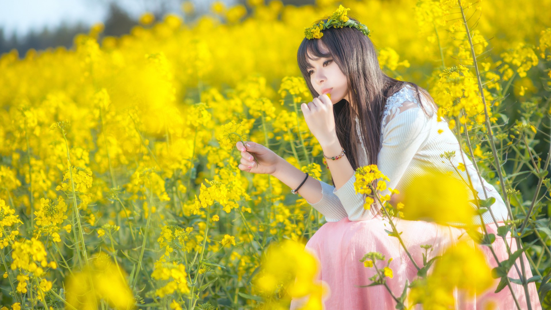 油菜花，清纯美女，长长头发，心情，花海，清纯美女写真壁纸