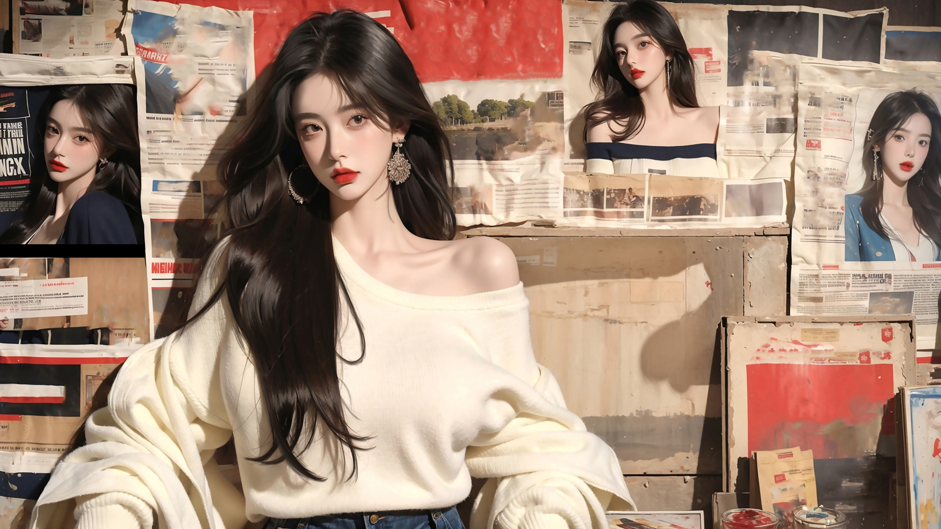 长发美女高清动漫壁纸，免费下载精美报纸墙风格电脑壁纸