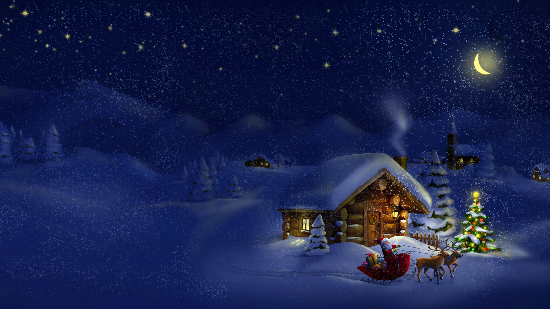 冬夜雪舞，小房灯光映雪景，圣诞风情壁纸免费下载