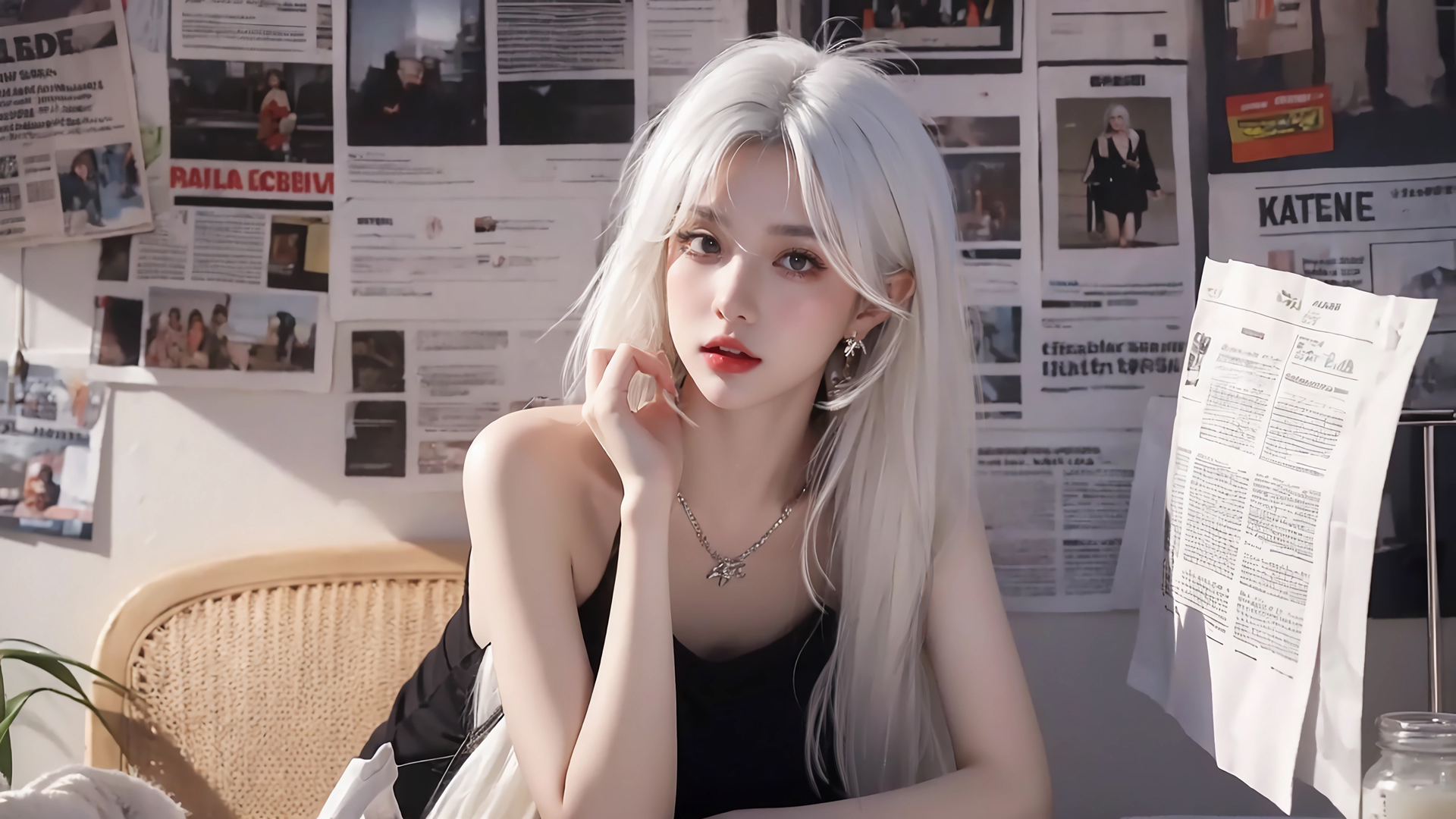 动漫美女壁纸，长发黑裙女孩报纸墙主题，2560x1600超高清免费下载