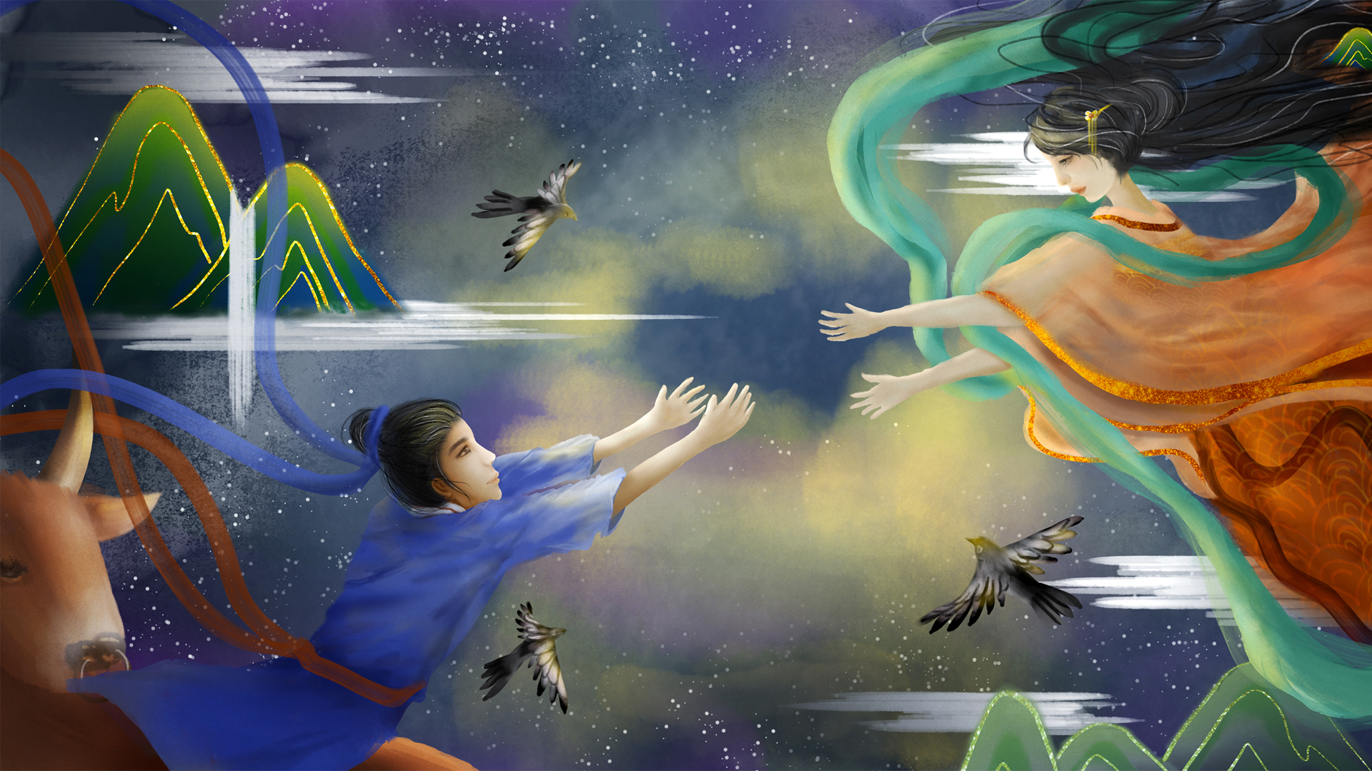七夕牛郎织女壁纸 来源摄图网