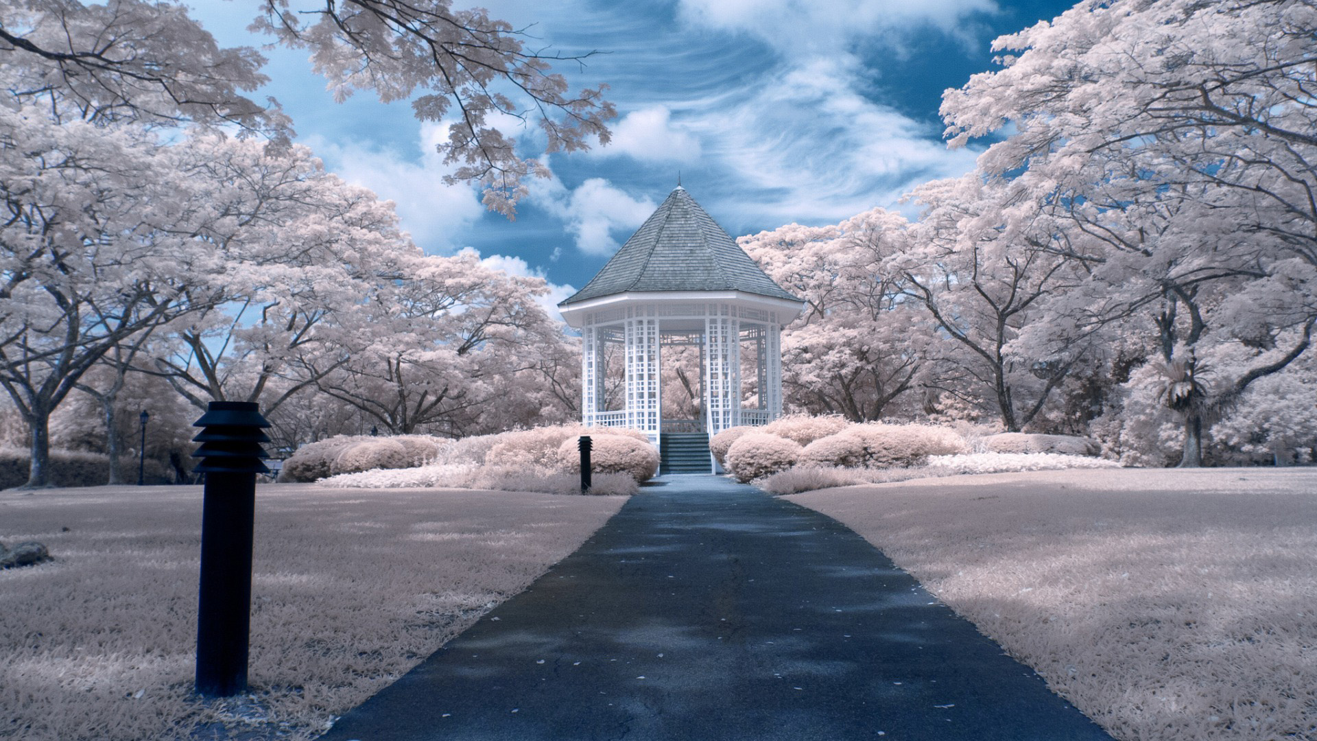 公园漫步，道路蜿蜒，亭影依依，花园盛景——免费下载白色风景桌面壁纸，非主流风格尽在其中！