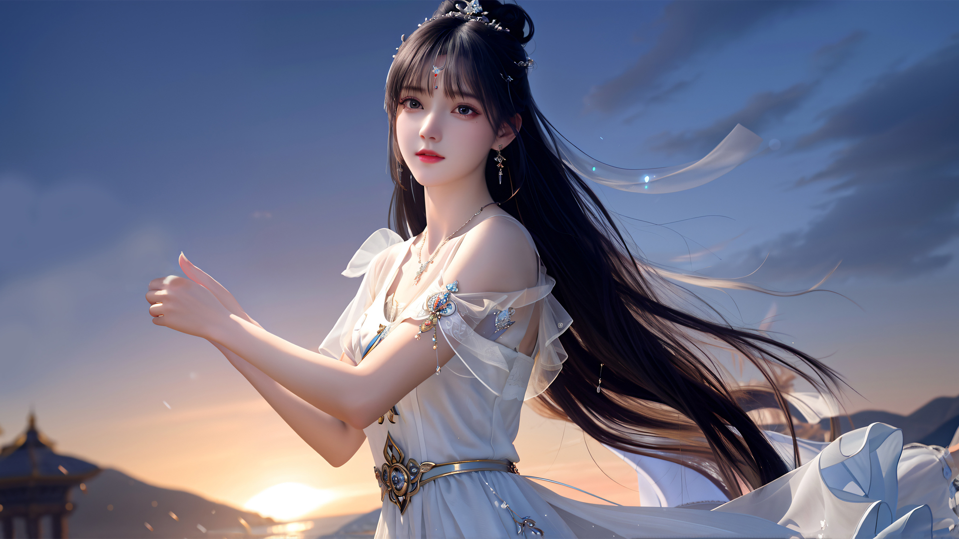 好看黑长发美女穿白色长裙动漫壁纸，高清免费下载！