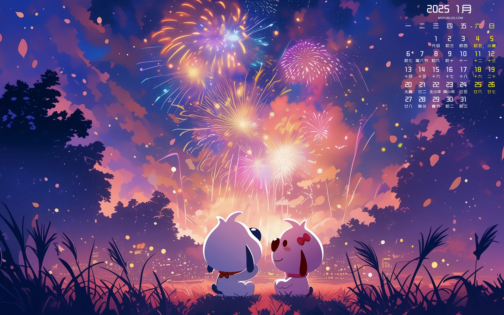 辛巴狗烟花2025年1月日历壁纸，免费电脑桌面下载