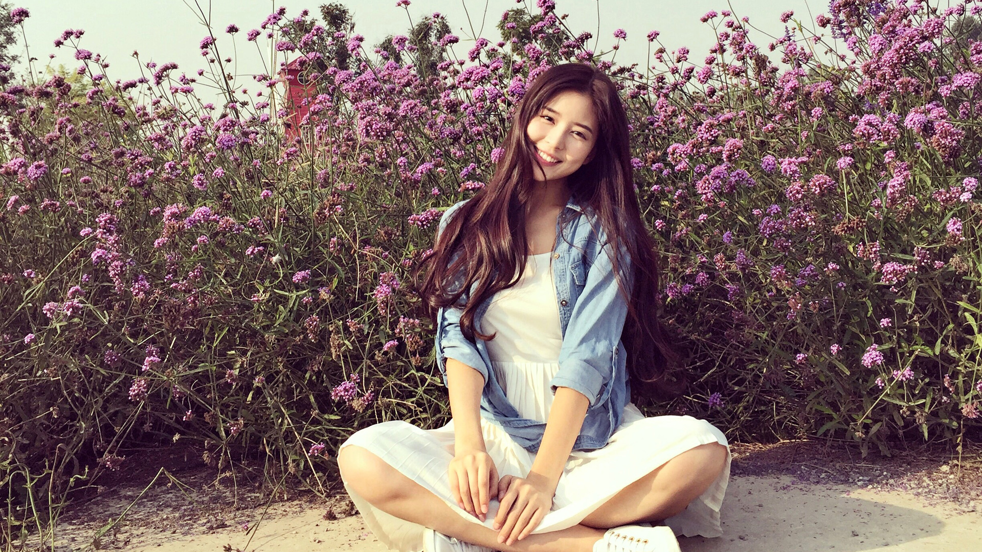 紫色薰衣草背景，长发飘逸甜美笑容美女，迷人爱笑眼睛，清纯壁纸免费下载