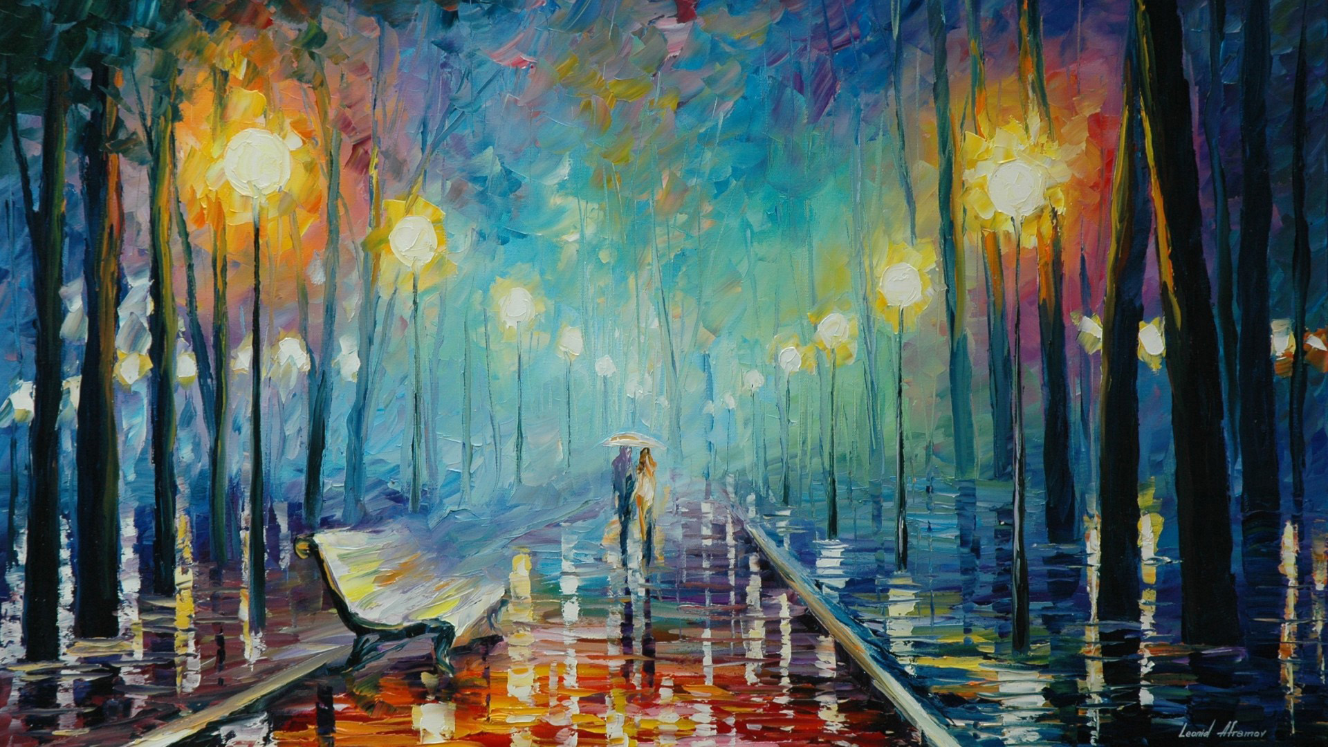 Leonid阿夫列莫夫画作精选，公园路灯下的浪漫恋人，雨中漫步，唯美壁纸免费下载
