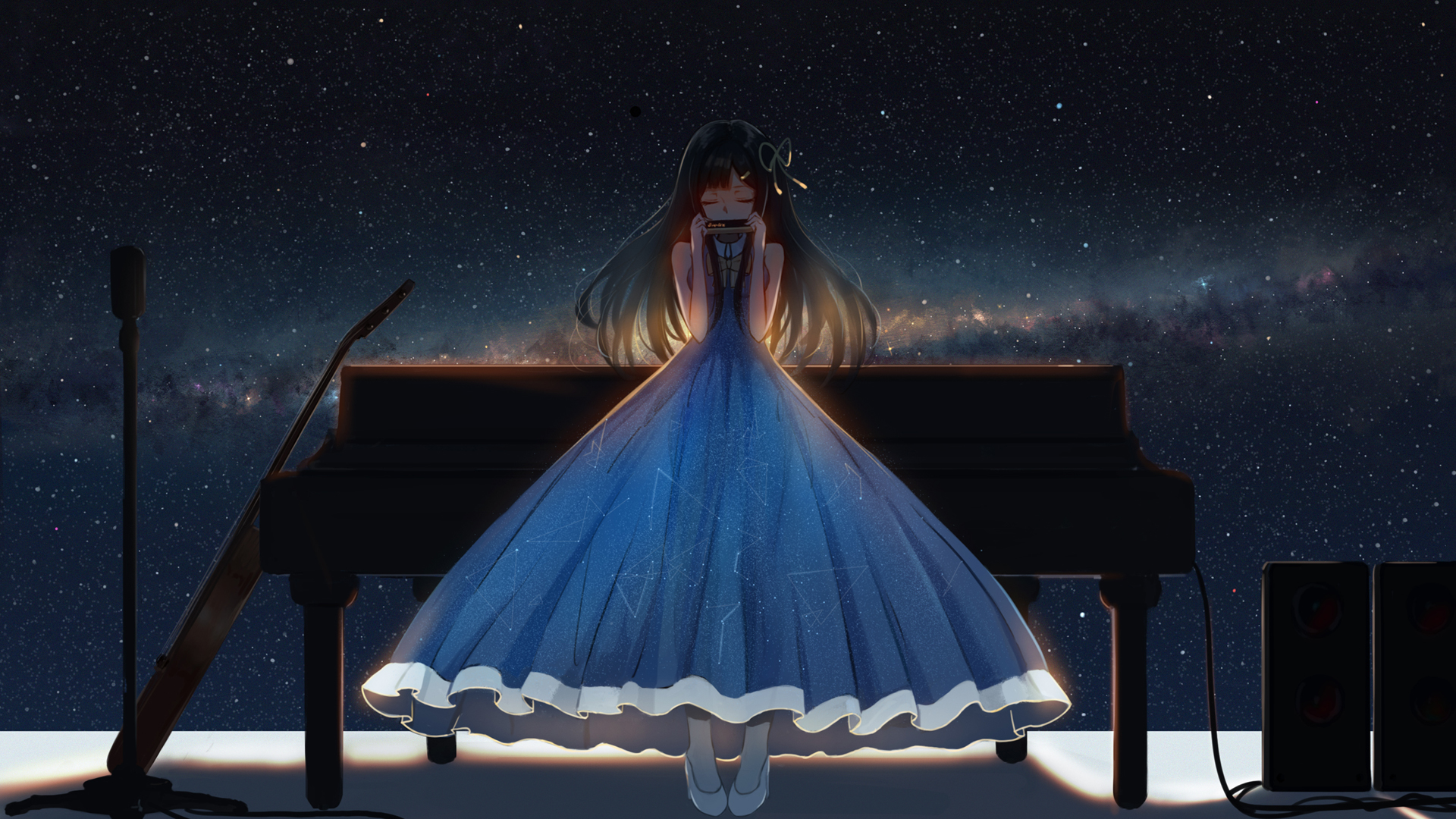 女孩子遨游星空宇宙，口琴悠扬伴动漫——精选免费电脑壁纸下载