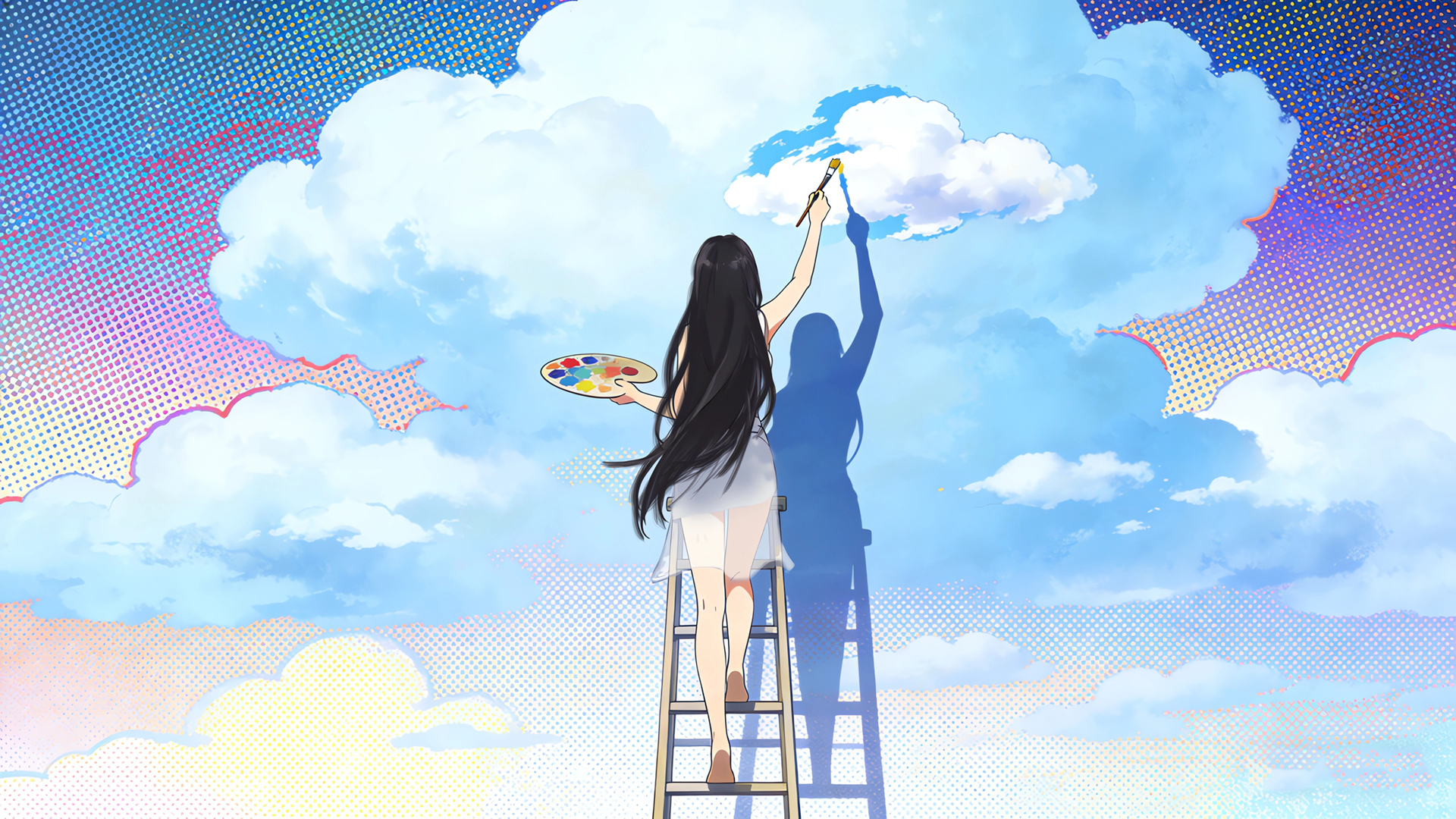美女画家背影梯子云朵动漫免费电脑壁纸下载