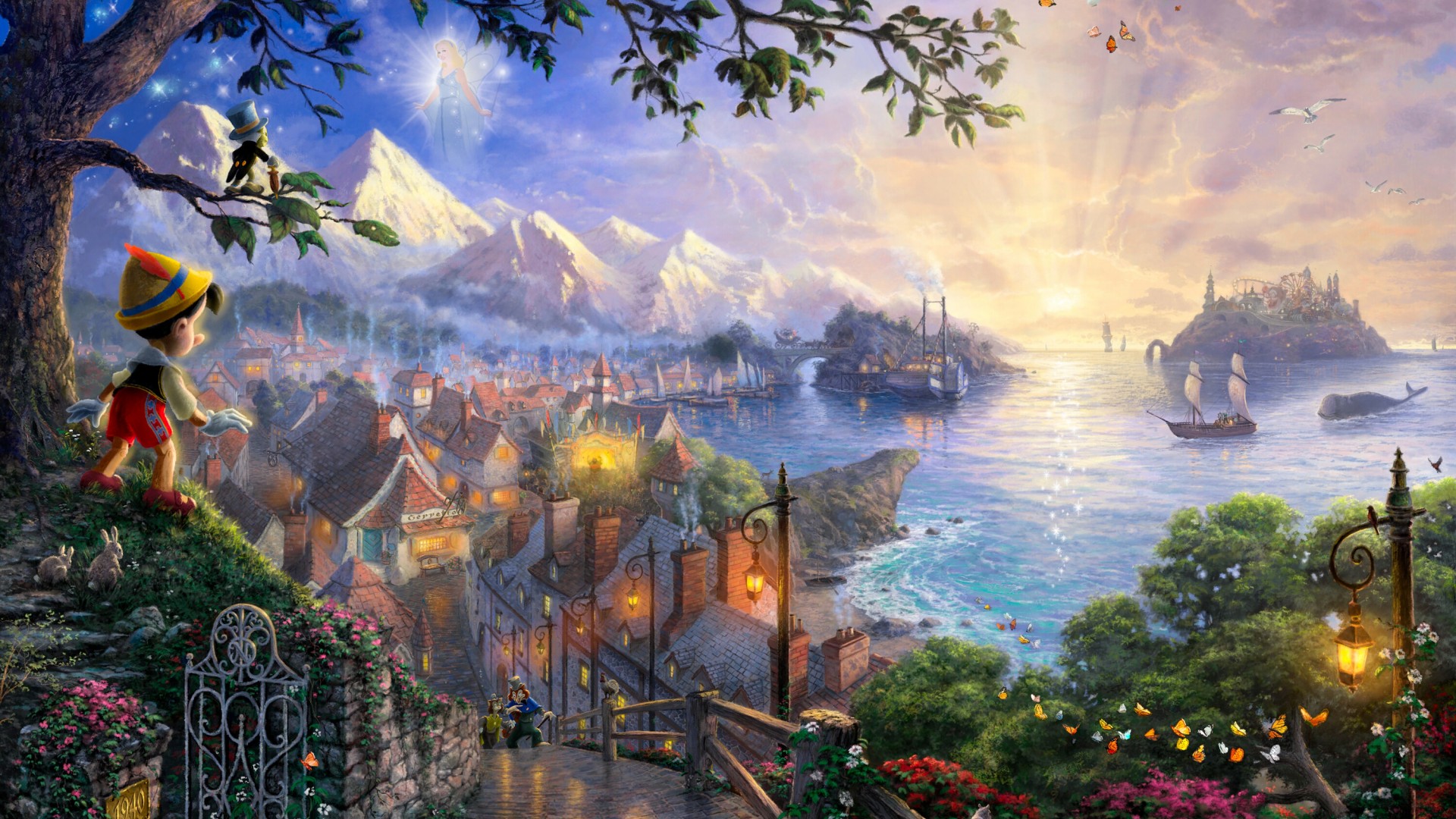 Thomas kinkade，托马斯金凯德，小男孩，山岭，海边，帆船，远方，希望，桌面壁纸