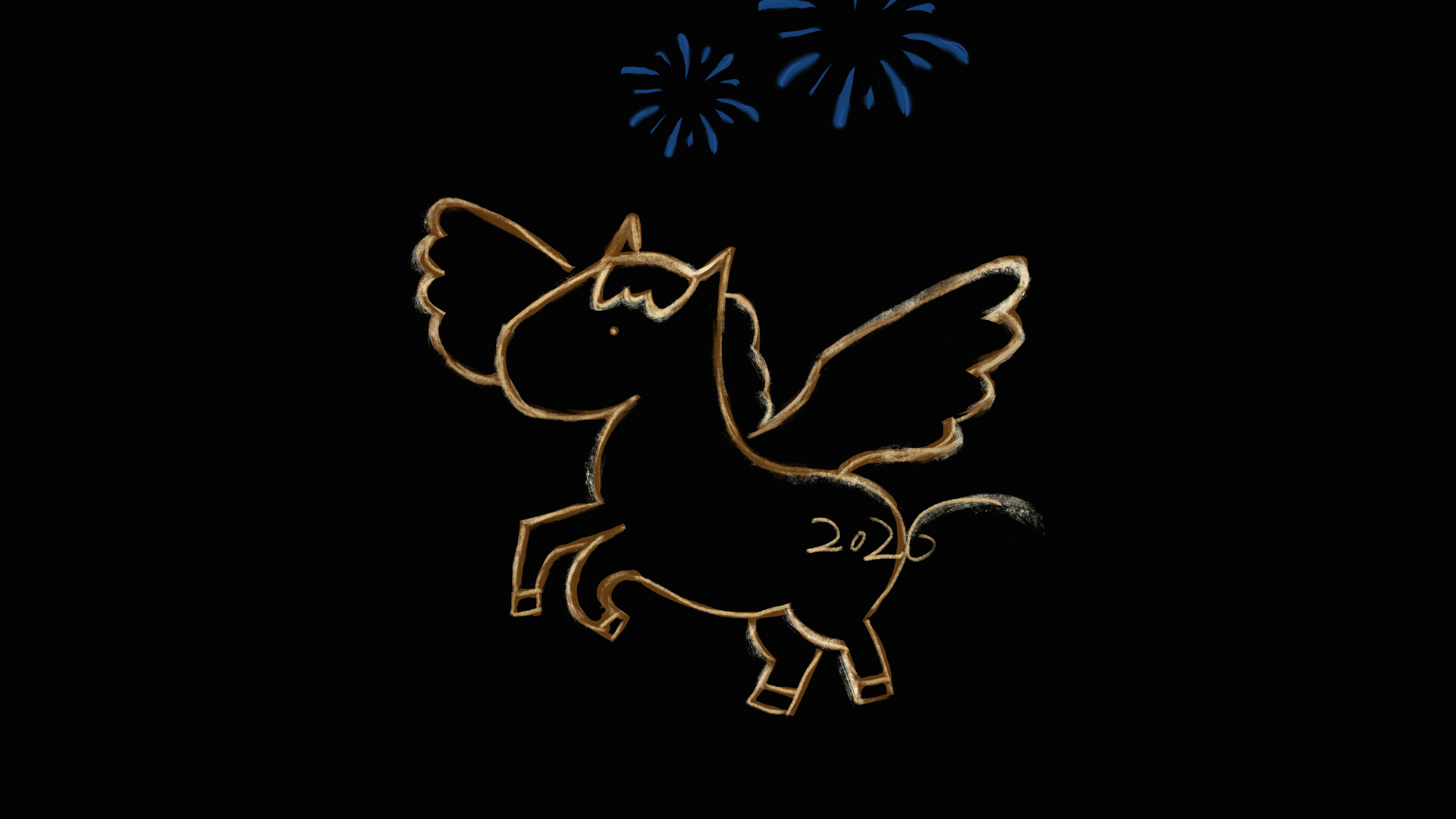 2026新年原创金马主题，黑色背景烟花炫彩节日免费电脑桌面壁纸下载