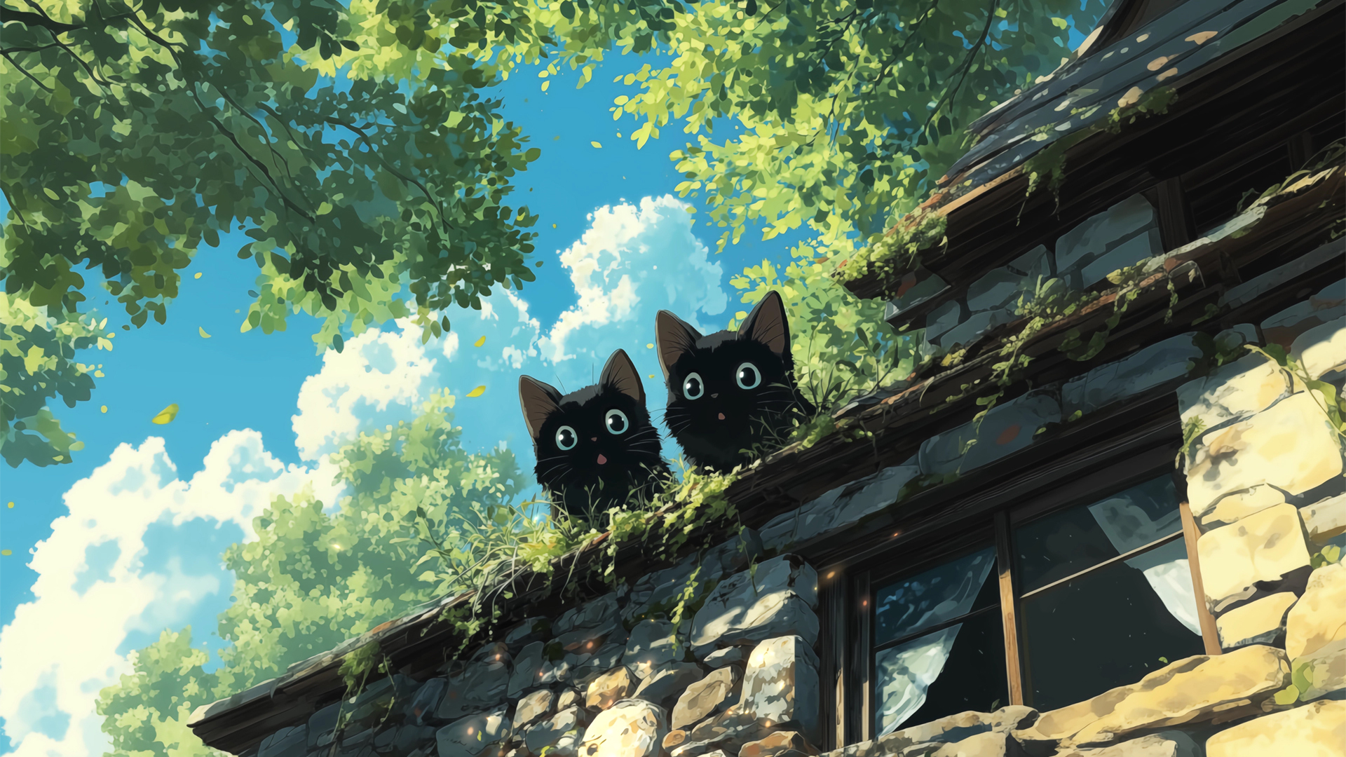 免费下载，绿色树荫下屋顶旁两只小猫的电脑风景壁纸