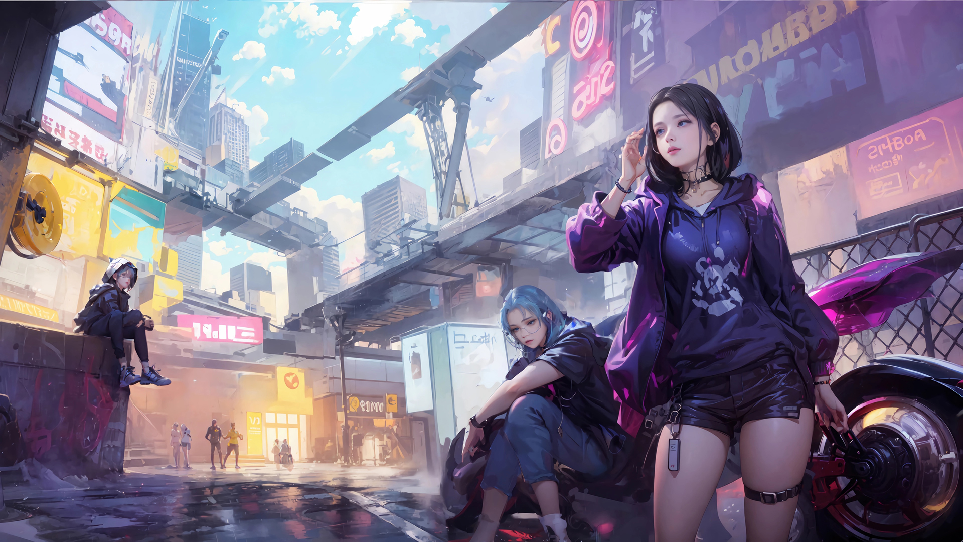 动漫女孩驰骋城市街道，赛博朋克风摩托车壁纸，免费下载！