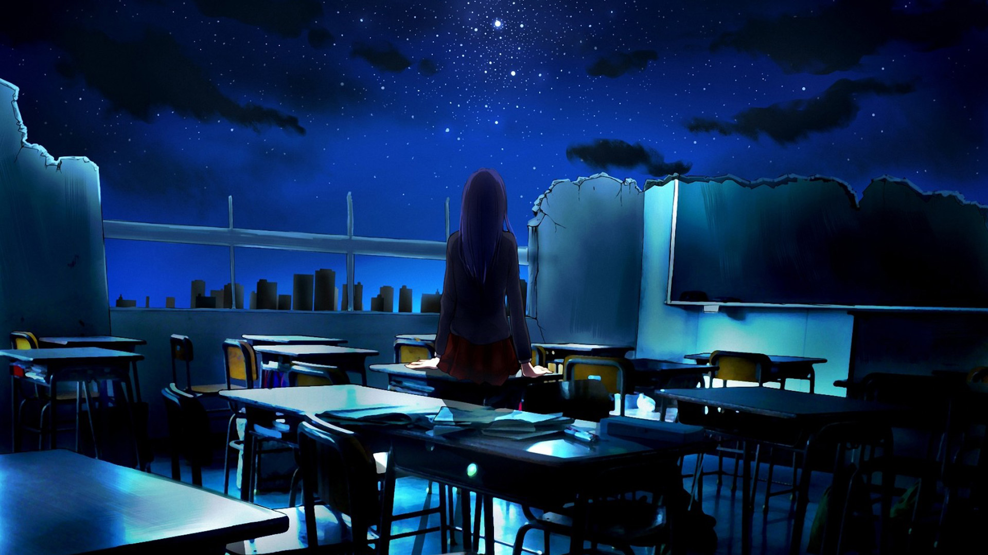 女孩回来了,一片废墟,教室,课桌,动漫桌面壁纸