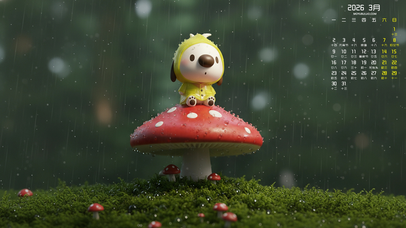 辛巴狗小雨蘑菇2026年3月高清全屏日历免费电脑壁纸下载