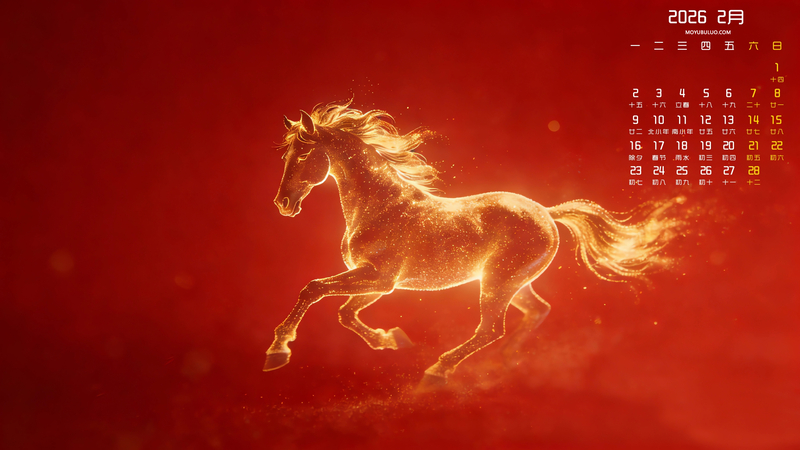 金色骏马2026年2月高清全屏电脑桌面日历壁纸免费下载