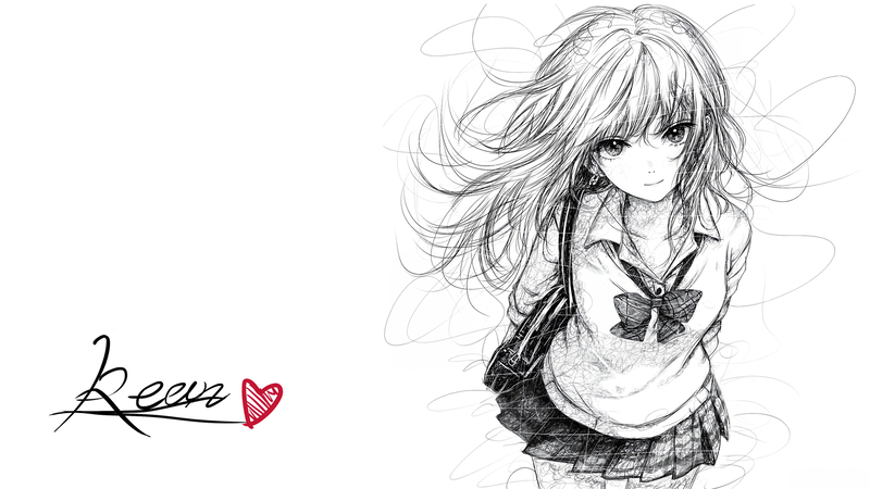 铅笔画女孩 长发 蝴蝶结 动漫电脑壁纸