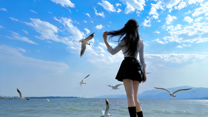海边海鸥与长发美女背影唯美高清电脑壁纸免费下载