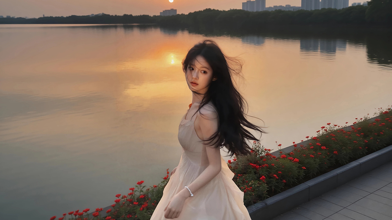 美女回眸 城市湖水倒影桌面壁纸