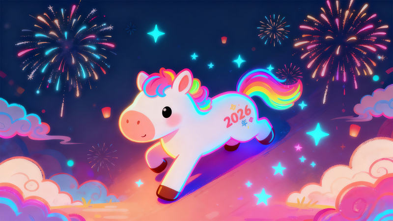 2026年快乐小马 彩虹马尾巴 奔跑 新年烟花电脑壁纸